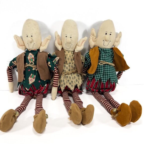 Vintage 3 Handmade Cloth Christmas Elf Dolls Shelf Sitter Rustic Holiday Decor - Picture 1 of 11